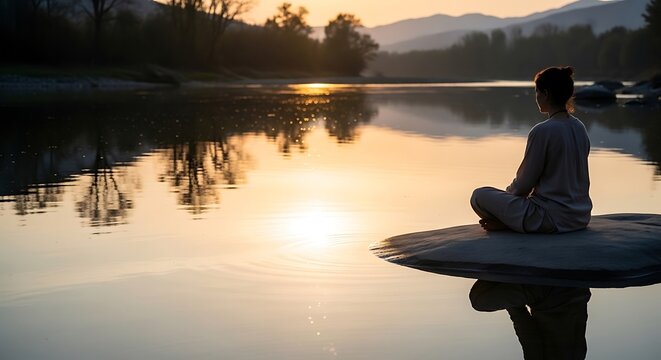 Woman meditating while sitting on a rock in a calm river at golden sunset