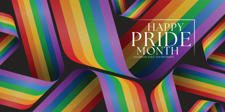 Happy pride month text on Abstract rainbow pride flag curve on black background vector design
