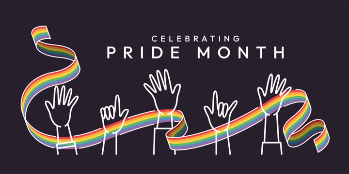Celebrating pride month - Long rainbow pride flag waving between line hands raised on dark background vector design