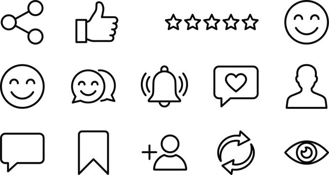Social media marketing feedback line art vector icons set featuring thumbs up star rating like heart notification bell