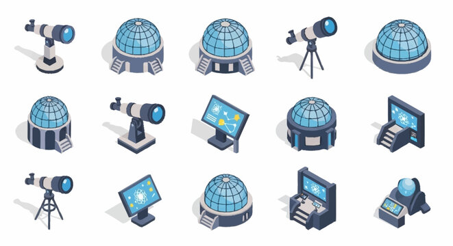Set of isometric icons representing astronomical observatories, telescopes, and related equipment for space exploration and scientific research.