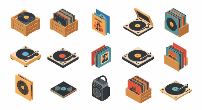 Collection of vintage vinyl record players and record albums in isometric style.