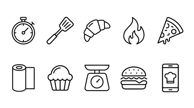Black line icons of food and cooking tools