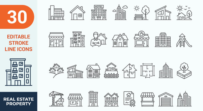 Real estate Properties icon set. Containing, Urban architecture, building, skyscraper, and more. Editable stroke. Vector illustration