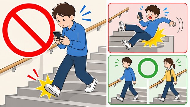 階段での歩きスマホによる転倒事故の危険性と手すり利用のイラスト