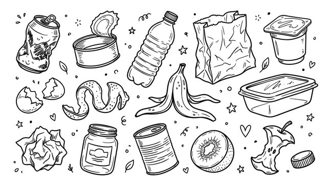 Various hand-drawn garbage and recycling items, including plastic, paper, and organic waste, scattered on a clean white background