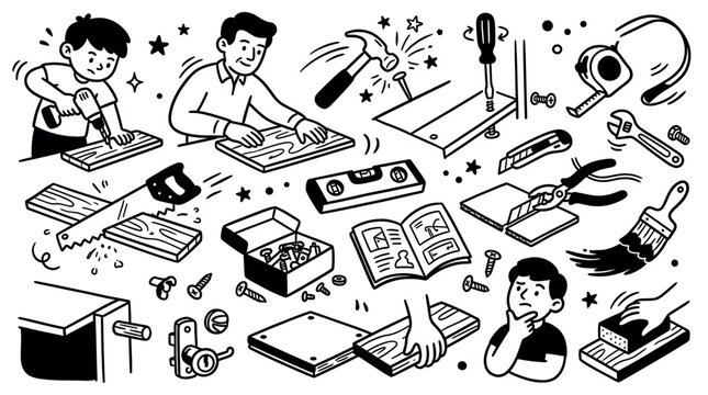 Various black and white hand-drawn carpentry tools and people working on wood projects, creating a busy DIY pattern