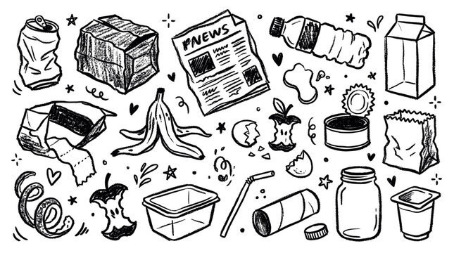 Various hand-drawn garbage and recycling items are scattered across a white background, featuring a crumpled can, banana peel, and newspaper
