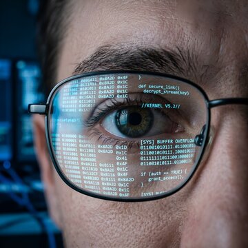 Close Up Portrait of Programming Code Reflecting on Developer Eyeglasses