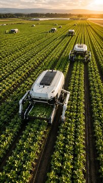 Autonomous agricultural robots with solar panels cultivating crops in a vast green field under a bright sky.