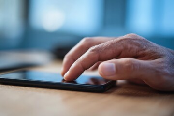 Fototapeta premium The smartphone being tapped by a hand on a wooden desk in soft light