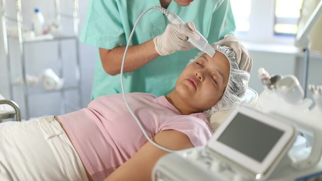 specialist carefully performs skincare procedure, utilizing skin scrubber device to enhance patient's overall complexion and boost their confidence.