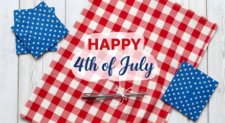 Obraz premium Happy 4th of July picnic theme with checkered tablecloth.