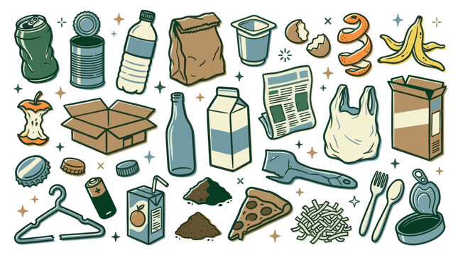 Various colorful hand-drawn garbage and recycling items are scattered across a clean white background, illustrating waste management