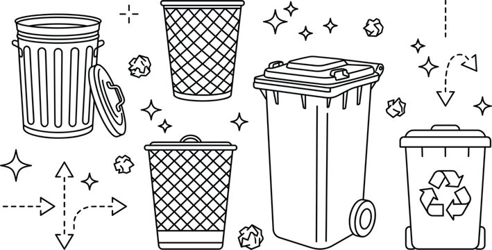 Trash bin and recycling waste basket doodle vector set with wheelie dustbin office paper basket and garbage container