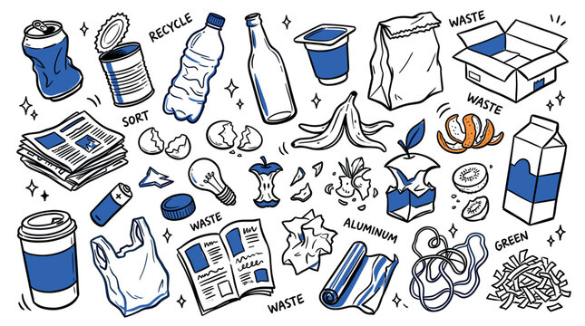 Various hand-drawn waste and recycling items are scattered across a white background, illustrating different types of trash and recyclable materials