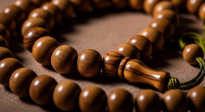 Wooden prayer beads arranged in a circle on brown fabric for meditation