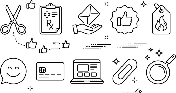 Universal everyday life miscellaneous line art vector icons collection featuring retail online shopping medical cooking and business elements