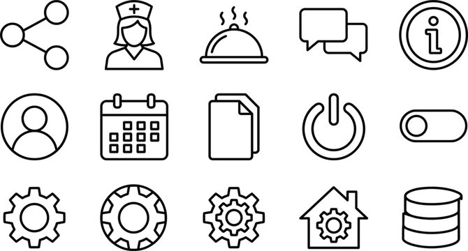 Universal user interface application line art vector icons set featuring nurse share button calendar home settings database files