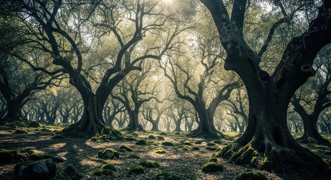 Ancient Olive Grove Bathed in Dappled Sunlight