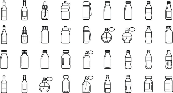 Various bottles and containers line art vector icons set featuring wine perfume dropper medicine thermos water and milk