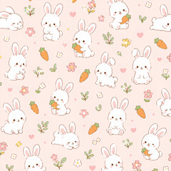 Obraz premium Cute Cartoon Bunny Seamless Pattern with Carrots Flowers and Hearts