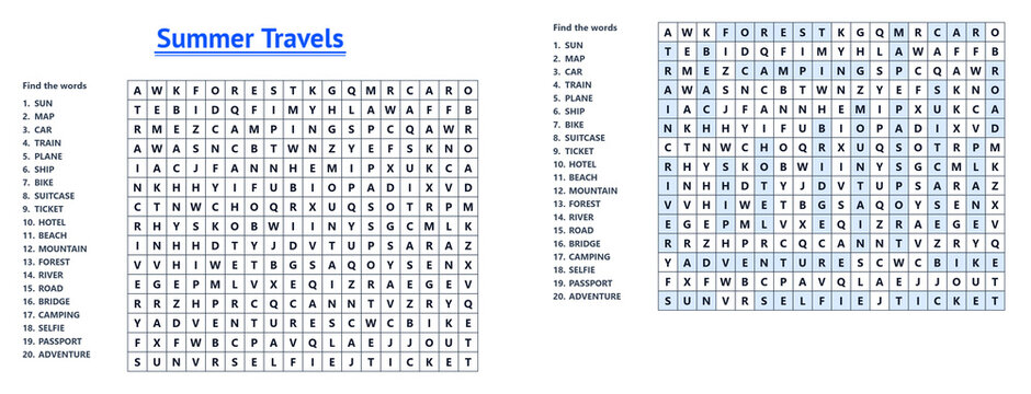 Summer travel word search puzzle with hidden words and grid  