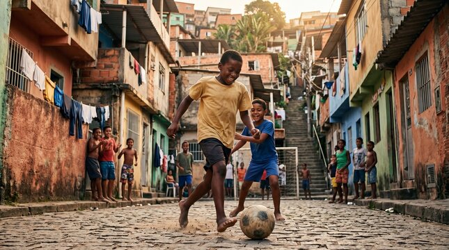 Happy Children Playing Soccer in a Vibrant Favela Street at Sunset
