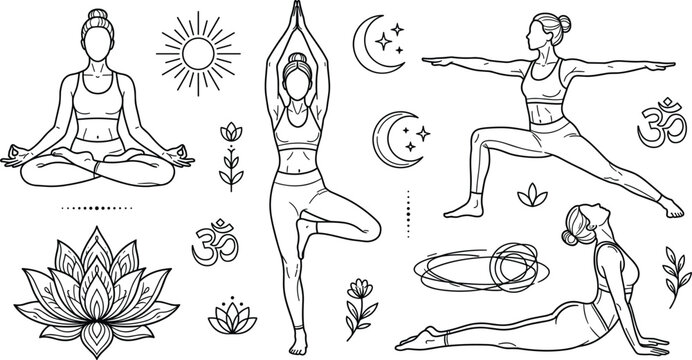 Yoga meditation poses and spiritual wellness line art vector icons collection featuring lotus flowers sun moon om symbols
