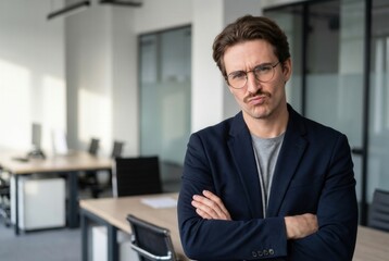 Fototapeta premium Businessman with arms crossed showing skepticism and distrust in a modern office setup
