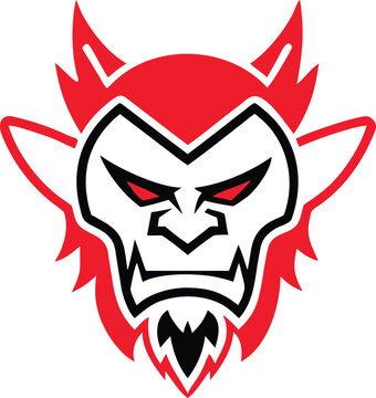 A fearsome red and black devil creature mascot with sharp horns and piercing red eyes for aggressive branding