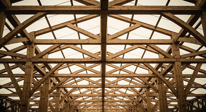 Wooden roof truss structure of an unfinished building frame seen from below