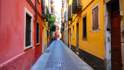 Fototapeta premium Colorful Narrow Cobblestone Alley Lined with Bright Buildings in Historic Urban District