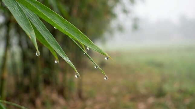 Bamboo leaves with morning dew drops glistening in soft focus misty background