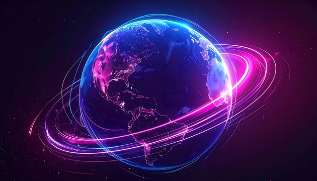 A vibrant digital illustration of Earth with glowing blue and pink rings