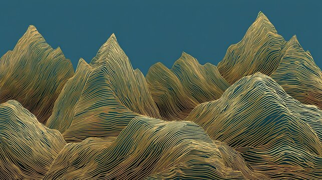 Abstract mountain range illustration on dark teal matte background with shimmering metallic gold wavy lines, overlapping peak silhouettes in horizontal and diagonal strokes