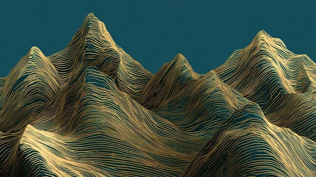 Abstract mountain range illustration on dark teal matte background with shimmering metallic gold wavy lines, overlapping peak silhouettes in horizontal and diagonal strokes