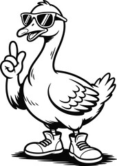 Fototapeta premium Funny Goose Making a Rude Hand Gesture, Black and White Cartoon Bird Illustration Isolated on White Background