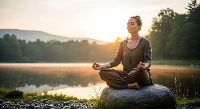 Young woman meditating in lotus pose by a lake at peaceful sunset