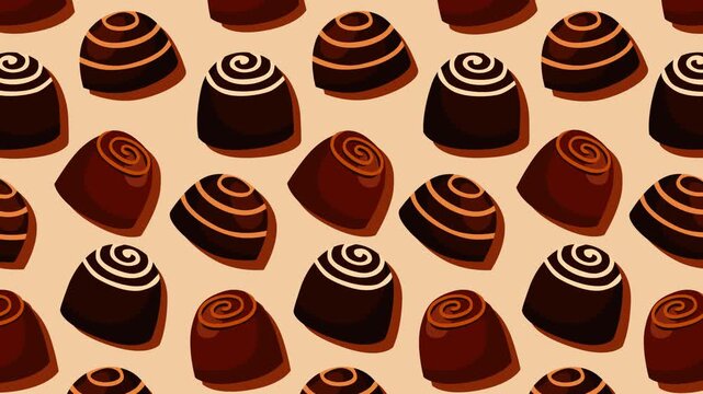 Seamless chocolate praline pattern featuring assorted gourmet candies with elegant swirl toppings. Perfect for confectionery branding, bakery promotions, packaging, dessert themes
