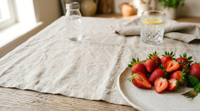 Fresh strawberries arranged in white bowl on textured linen tablecloth minimal still life