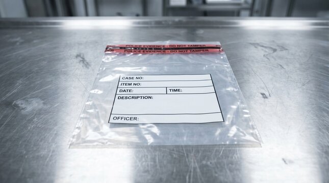 Close-up of an empty plastic police evidence bag with a tamper-evident seal on a metallic workbench in a forensic laboratory.