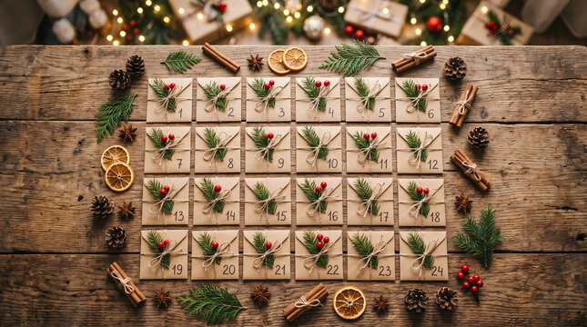 Rustic advent calendar made of twenty four small brown paper envelopes decorated with pine sprigs red berries and twine arranged neatly on a dark wooden table for the Christmas holiday season.
