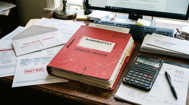 Bankruptcy folder on a desk surrounded by overdue bills and final notice envelopes, representing financial crisis and debt.