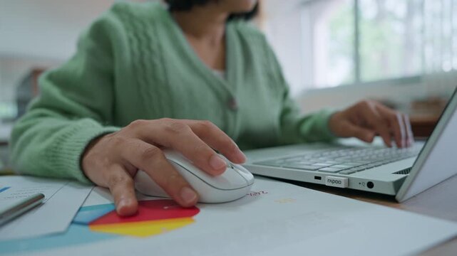 Close up hand's woman using wireless computer mouse working online on laptop computer at office desk.