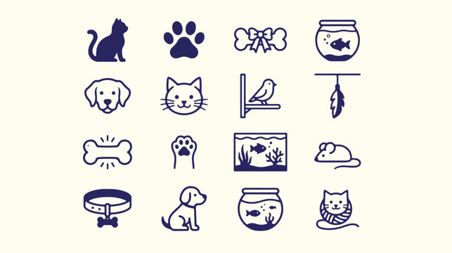 Set of cute pet icons including cats dogs paw print bone fish and fishbowl illustrations.