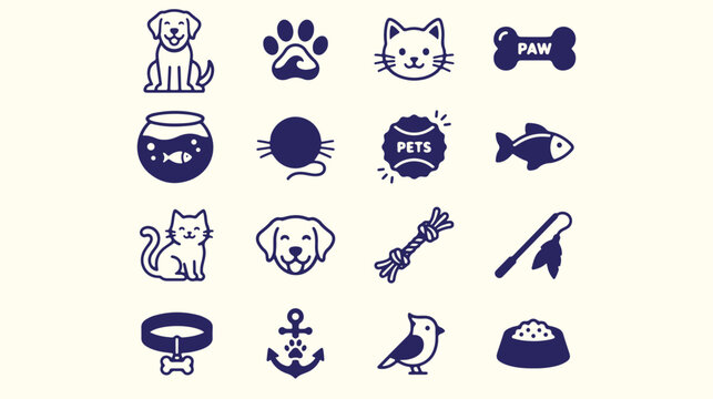 Collection of bold blue pet icons featuring dogs cats paw prints bones and fish designs.
