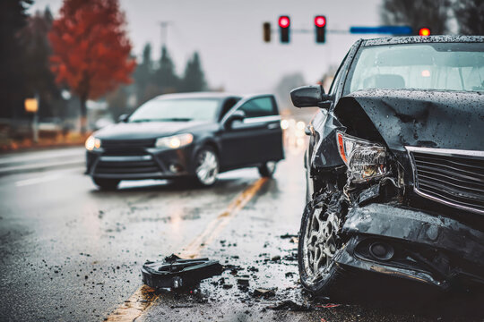 Two cars are involved in a crash on a wet road. One vehicle has damage to the front and the other is by the traffic lights