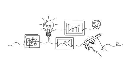 Fototapeta premium Creative hand-drawn digital marketing strategies with growth analytics and innovative ideas illustrating business development