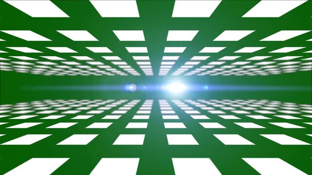 Abstract black and white geometric grid tunnel VJ loop with glowing lens flare light streaks moving across horizon line, for electronic music concert backgrounds and modern stage projection